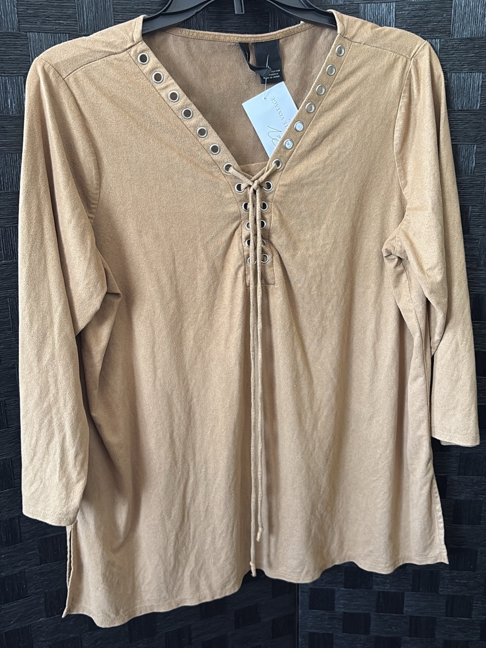 Women's Lace-Up V-Neck Long Sleeve Top - Tan - Picture 2 of 2